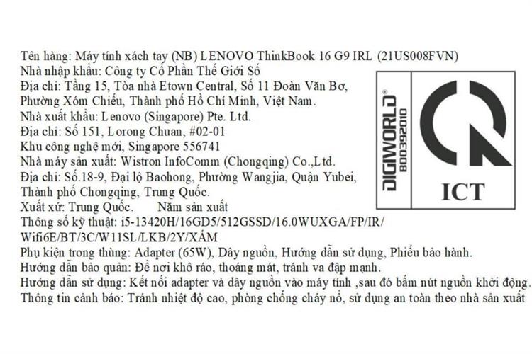 Laptop Lenovo Thinkpook 16 G9 IRL 21US008FVN (I5-13420H/16GB/SSD 512GB/Win 11 Home/Xám/16.0 inch WUXGA)