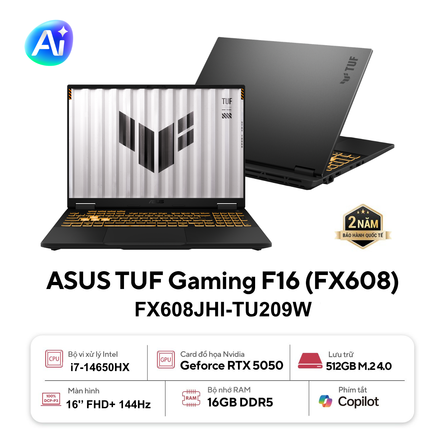 Laptop Asus TUF Gaming F16 (FX608JHI-TU209W) (i7-14650HX/16GB/512GB/RTX 5050_8GB/W11H/16.0FHD/Xám)