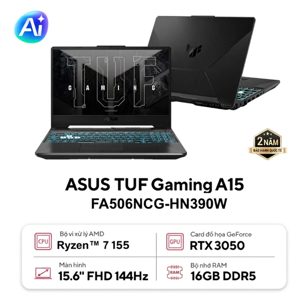 Laptop Asus TUF Gaming A15 (FA506NCG-HN390W)(Ryzen 7 155, 16GB, 512GB, RTX  3050_4GB, 15.6FHD 144Hz, W11H, Đen)