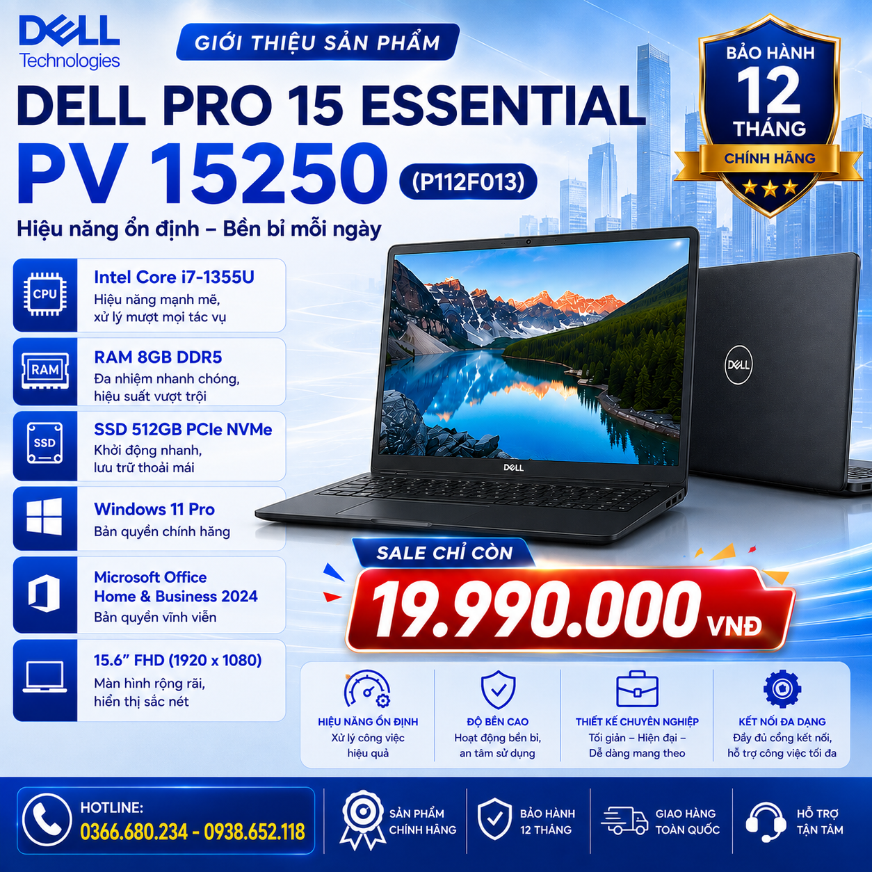 Laptop Dell Pro 15 Essential PV15250 (P112F013)(Core i7-1355U, 8GB DDR5, 512GB, W11P, Home&Business 2024, 15.6FHD, Đen)