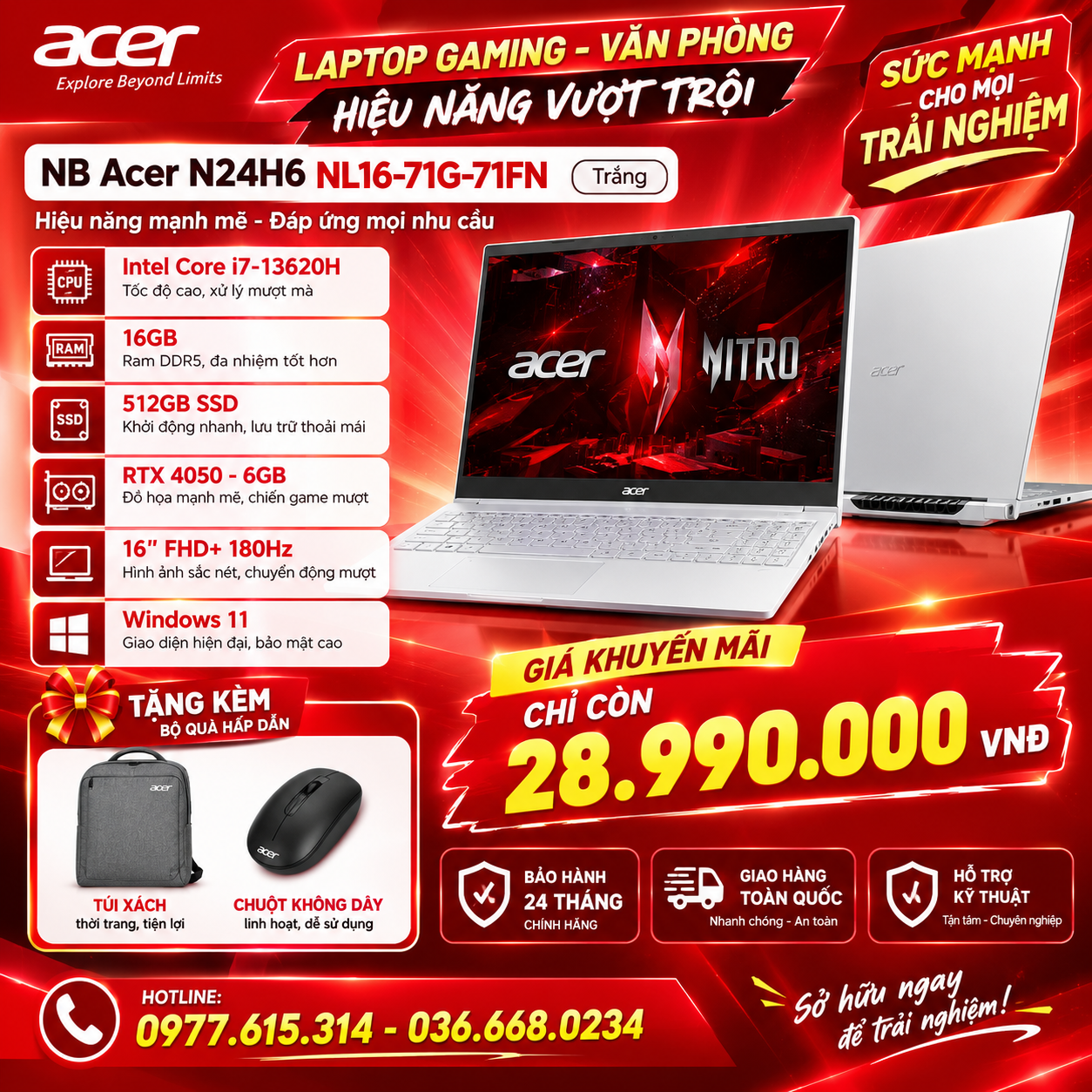 Laptop Acer Gaming Nitro Lite N24H6 (NL16-71G-71FN)(Core i7-13620H, 16GB, 512GB, RTX4050-6GB, W11H, 16.0FHD+, Trắng)